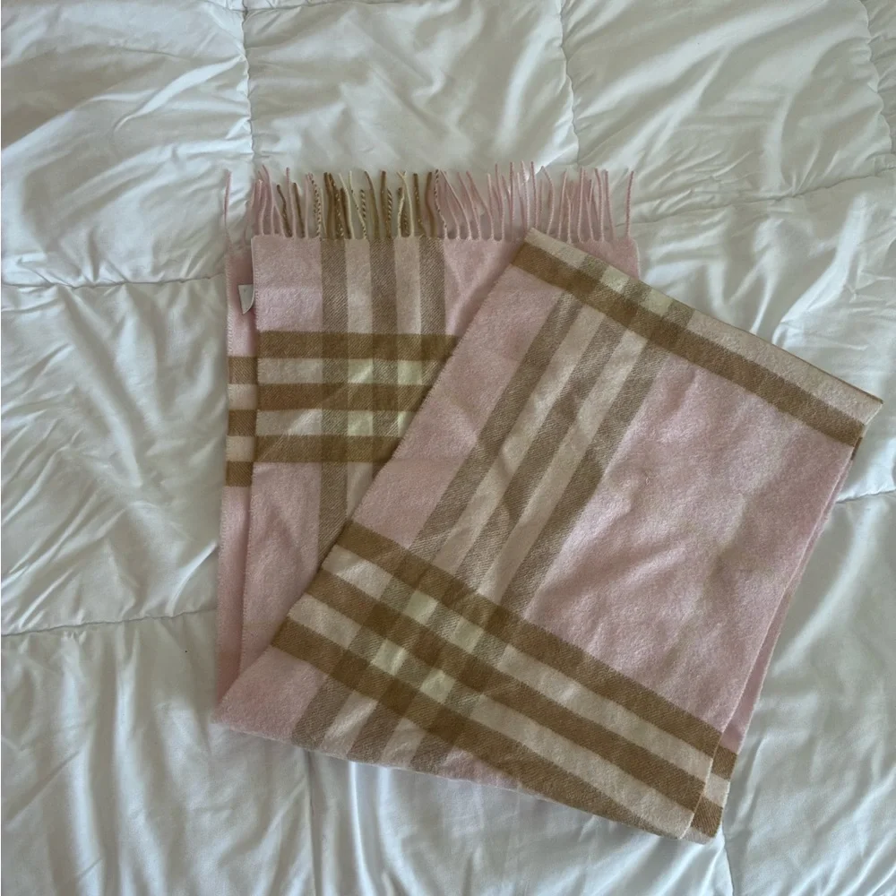 Burberry Pink and Tan Check Cashmere Scarf - Picture 3 of 3